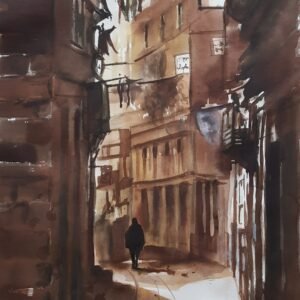 Ressam Aynur Akalın tarafından yapılmış, sepya tonlarında dar bir sokak ve yürüyen figür temalı suluboya tablo.