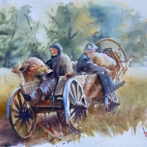 Anadolu’da Hasat Zamanı: 50x36 Aynur Akalın`dan Orijinal Suluboya Resim