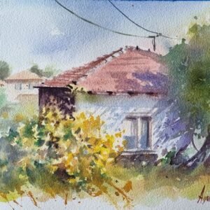 Aynur Akalın imzalı, bahçe içinde eski ev ve sarı çiçekler temalı suluboya tablo çalışması.