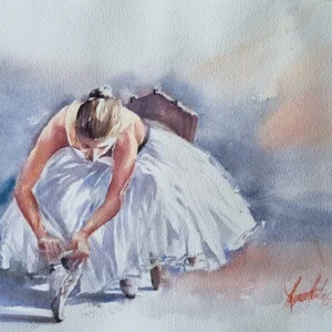 Ressam Aynur Akalın imzalı, ayakkabılarını bağlayan balerin figürlü suluboya tablo.