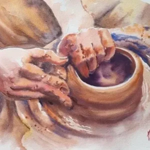 Aynur Akalın imzalı, çömlekçi çarkında kilden çömlek yapan ellerin detaylı suluboya tablosu. Sıcak kahve ve toprak tonlarının hakim olduğu figüratif sanat eseri.