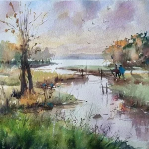 Ressam Aynur Akalın tarafından yapılmış, göl kenarında yürüyen insanlar ve sonbahar ağaçları temalı suluboya tablo.