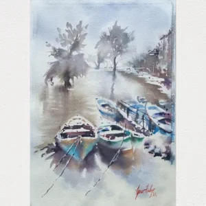 Gölyazı’da Kış Sessizliği: 36 x 51 Aynur Akalın`ndan Orijinal Suluboya Tablo