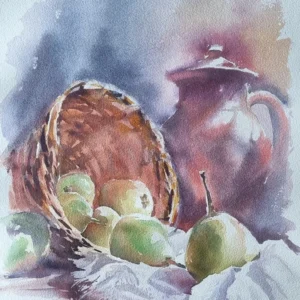 Hasır sepetten dökülen armutlar ve toprak testi konulu natürmort suluboya tablo.