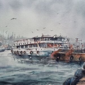İstanbul`da bir motor iskelesi, martılar ve tarihi yarımada silüeti temalı orijinal suluboya tablo - Aynur Akalın.