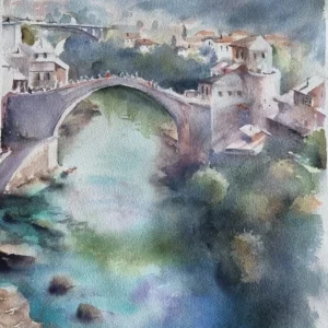 Mostar Köprüsü suluboya tablo, nehir ve tarihi binalar temalı sanat eseri, Aynur Akalın.