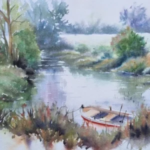 Nehir kenarında demirlemiş kırmızı detaylı kayık suluboya peyzaj tablosu, Aynur Akalın.