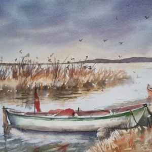 Gölyazı Bursa suluboya tablo, göl kenarında balıkçı tekneleri ve sazlıklar resmi ressam Aynur Akalın.