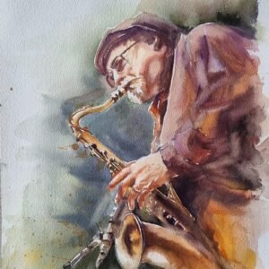 Saksafon çalan gözlüklü ve şapkalı adam figüratif suluboya tablo - Aynur Akalın.
