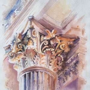 Korint nizamı antik sütun başlığı detayı, akantus yaprakları suluboya tablo çalışması.