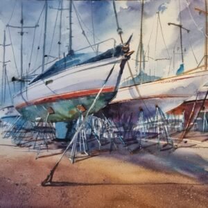 Ressam Aynur Akalın tarafından yapılmış, limanda karaya çekilmiş tekneler ve yelkenliler temalı orijinal suluboya tablo.