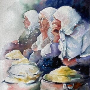 Ressam Aynur Akalın tarafından yapılmış, pazarda üç kadını betimleyen figüratif suluboya tablo