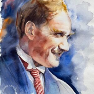 Ressam Aynur Akalın imzalı Mustafa Kemal Atatürk suluboya portre çalışması, mavi ve turuncu tonlarda sanatsal tablo.