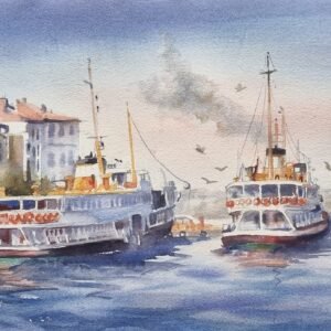 İstanbul Boğazı'nda şehir hatları vapurları ve martılar temalı orijinal suluboya tablo, Aynur Akalın eserleri.