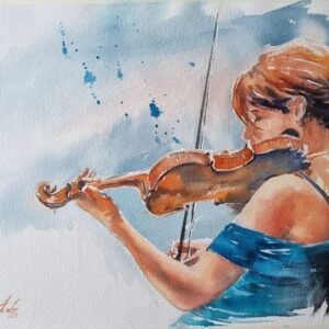 Keman çalan kadın figürü betimleyen mavi elbiseli orijinal suluboya tablo çalışması.