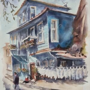 Ressam Aynur Akalın imzalı, mavi tarihi bina ve sokakta yürüyen figür betimlemeli özgün suluboya tablo.