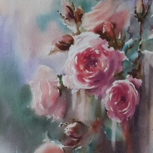 Ressam Aynur Akalın tarafından ıslak üstüne ıslak tekniğiyle yapılmış, pembe güller ve goncalar içeren modern suluboya tablo.