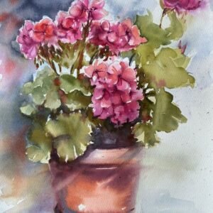 Ressam Aynur Akalın imzalı, saksıda pembe sardunyalar temalı orijinal suluboya tablo.