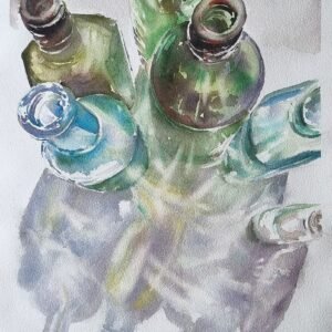 ynur Akalın imzalı, kuş bakışı cam şişeler temalı modern natürmort suluboya tablo.