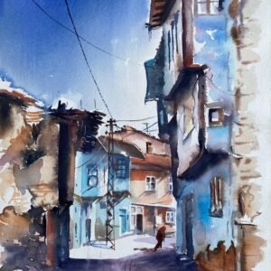 Ressam Aynur Akalın tarafından yapılmış mavi tarihi binalar ve dar sokak temalı orijinal suluboya tablo.