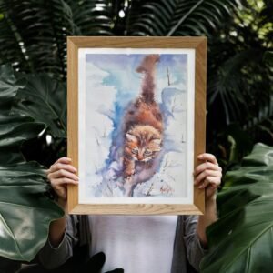 Kar Altında Masumiyet - Kedi Figürlü Orijinal Suluboya Tablo | Aynur Akalın