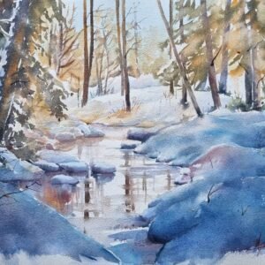 Ressam Aynur Akalın imzalı, karlı orman ve dere temalı dekoratif suluboya tablo.