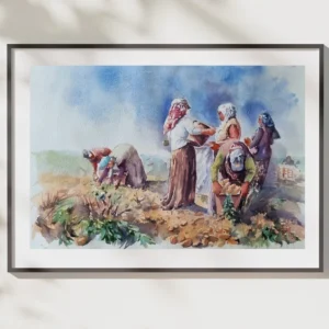 Ressam Aynur Akalın imzalı tarlada hasat yapan kadınlar figüratif suluboya tablo çalışması.