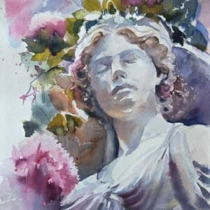 Ressam Aynur Akalın tarafından yapılmış, antik büst heykeli ve pembe çiçekler temalı figüratif suluboya tablo.