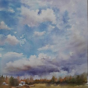 Suluboya tekniğiyle yapılmış dramatik bulutlar ve ağaçlı kır manzarası tablosu.