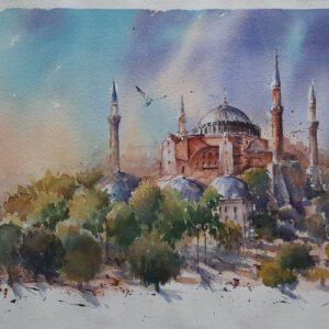 Ayasofya Camii İstanbul temalı orijinal suluboya tablo, Ressam Aynur Akalın imzalı sanat eseri.