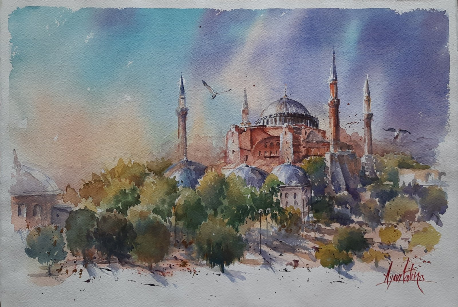 Ayasofya Camii İstanbul temalı orijinal suluboya tablo, Ressam Aynur Akalın imzalı sanat eseri.