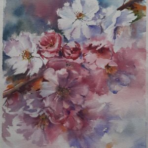 Ressam Aynur Akalın imzalı, pembe ve beyaz çiçekli bahar dalı temalı ıslak teknik suluboya tablo.