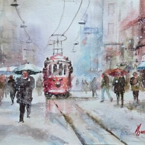 Karlı havada İstiklal Caddesi kırmızı tramvay ve şemsiyeli insanlar temalı suluboya tablo, Aynur Akalın sanatı.