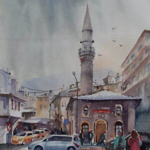 Bursa Çekirge Meydanı Lami Çelebi Camii suluboya tablo, karlı şehir manzarası, Ressam Aynur Akalın kentsel peyzaj çalışması.