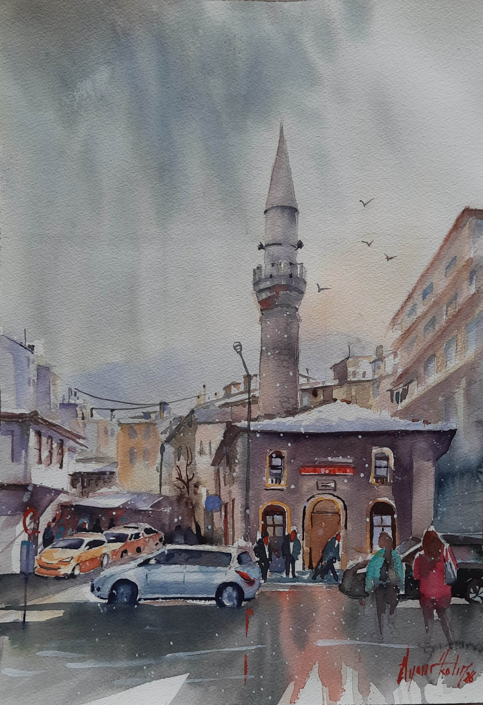 Bursa Çekirge Meydanı Lami Çelebi Camii suluboya tablo, karlı şehir manzarası, Ressam Aynur Akalın kentsel peyzaj çalışması.