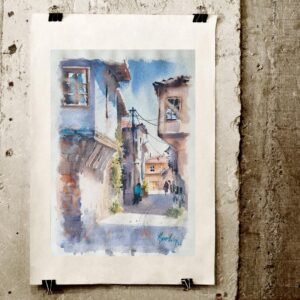 Başlık: Bursa Cumalıkızık Tarihi Evler ve Sokak Dokusu Suluboya Tablo