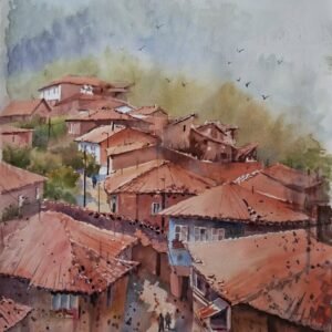 Ressam Aynur Akalın imzalı, kızıl kiremitli köy evleri ve dar sokak temalı orijinal suluboya tablo.
