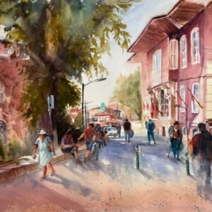 Bursa Tarihi Belediye Binası ve Orhan Gazi Camii suluboya şehir manzarası tablosu - Ressam Aynur Akalın.