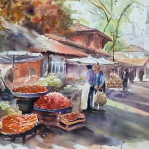 Ressam Aynur Akalın tarafından yapılmış, meyve tezgahları ve pazar esnafını betimleyen Bursa temalı ıslak teknik suluboya tablo.