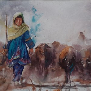 Tozlu bir yolda koyun sürüsüyle yürüyen, geleneksel kıyafetli çoban kız figürlü suluboya tablo.