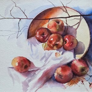 Ressam Aynur Akalın tarafından yapılmış, beyaz tabak içinde kırmızı elmalar ve ağaç dalı temalı modern natürmort suluboya tablo.