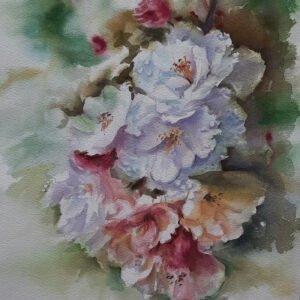 Aynur Akalın imzalı, ıslak üstüne ıslak tekniğiyle çalışılmış, beyaz ve pembe çiçek temalı orijinal suluboya tablo.