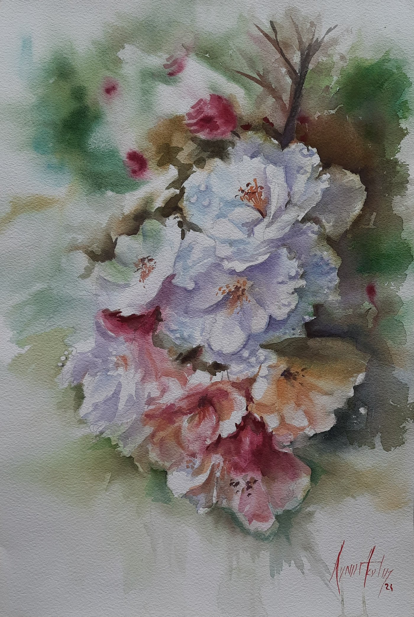 Aynur Akalın imzalı, ıslak üstüne ıslak tekniğiyle çalışılmış, beyaz ve pembe çiçek temalı orijinal suluboya tablo.