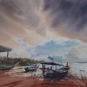 Gün batımı ve fırtına bulutları altında kıyıda bekleyen balıkçı tekneleri, Aynur Akalın orijinal suluboya çalışması.