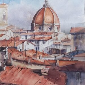 Ressam Aynur Akalın imzalı Floransa Duomo kubbesi ve tarihi binalar temalı şehir manzarası suluboya tablo.