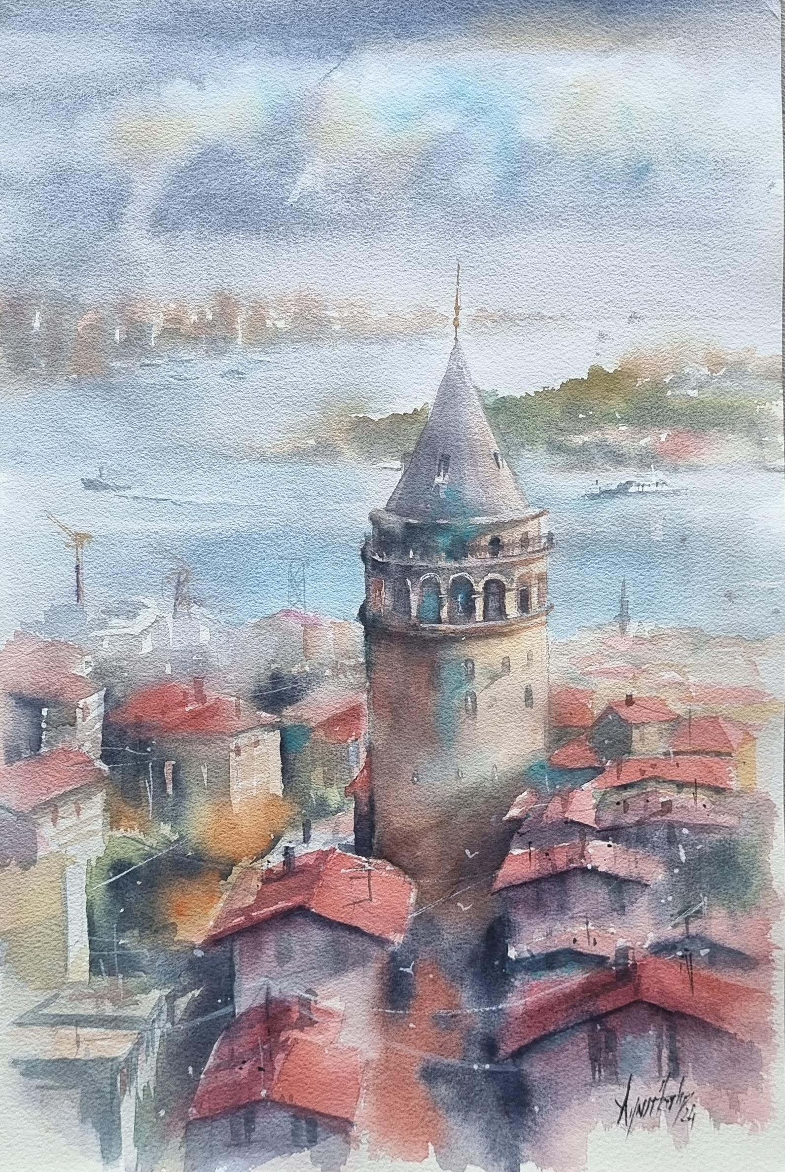 Galata Kulesi ve İstanbul boğazı manzaralı, sanatçı imzalı özgün suluboya tablo çalışması.