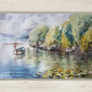 Göl Kenarı Tekneler ve Nilüferler Suluboya Tablo
