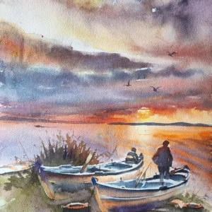 Gün Batımında Balıkçı Tekneleri Suluboya Tablo