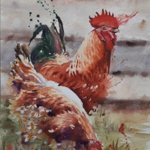 Aynur Akalın imzalı, kırmızı ibikli horoz ve kahverengi tavuk figürlü ekspresif suluboya tablo.