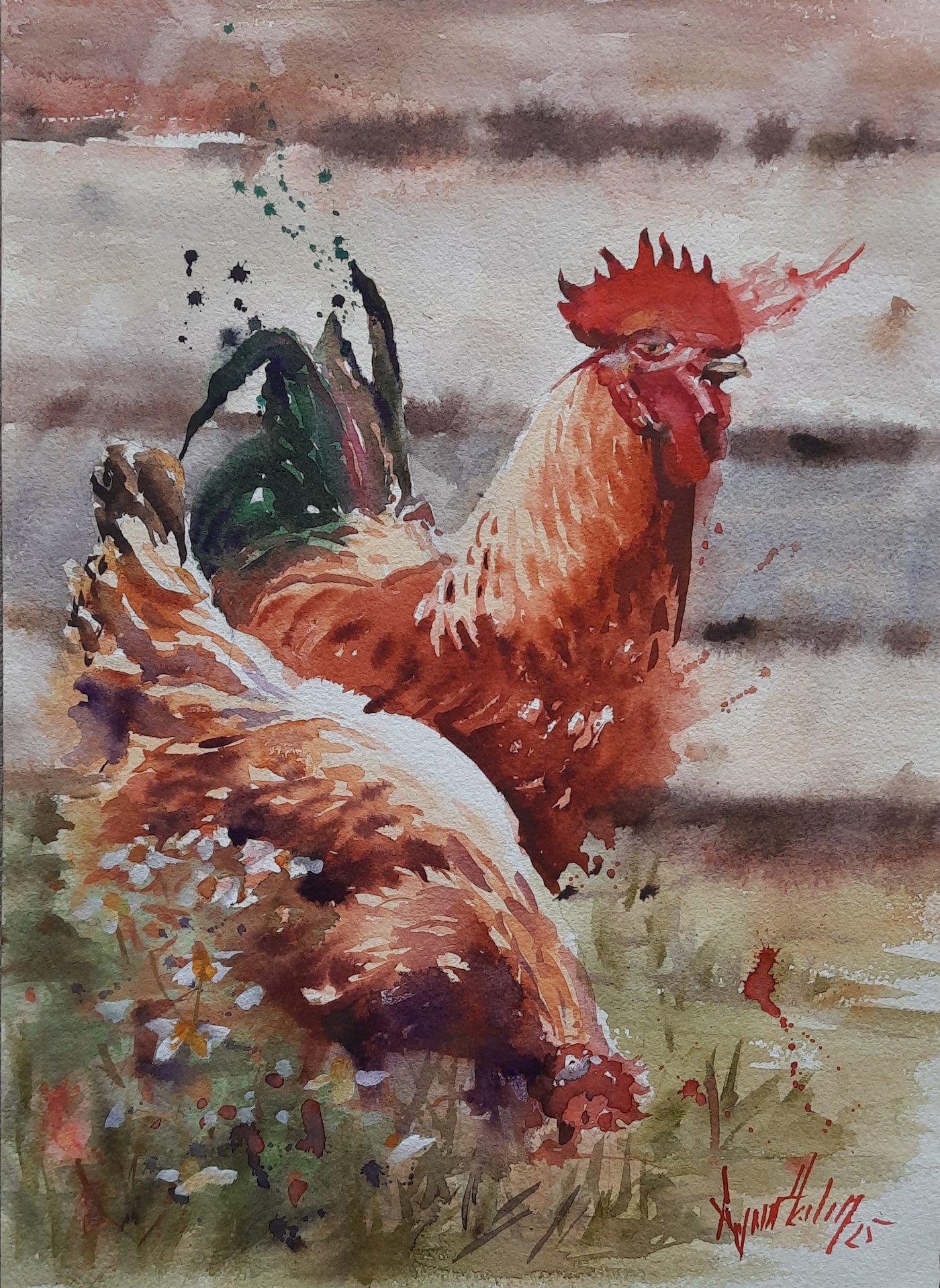 Aynur Akalın imzalı, kırmızı ibikli horoz ve kahverengi tavuk figürlü ekspresif suluboya tablo.